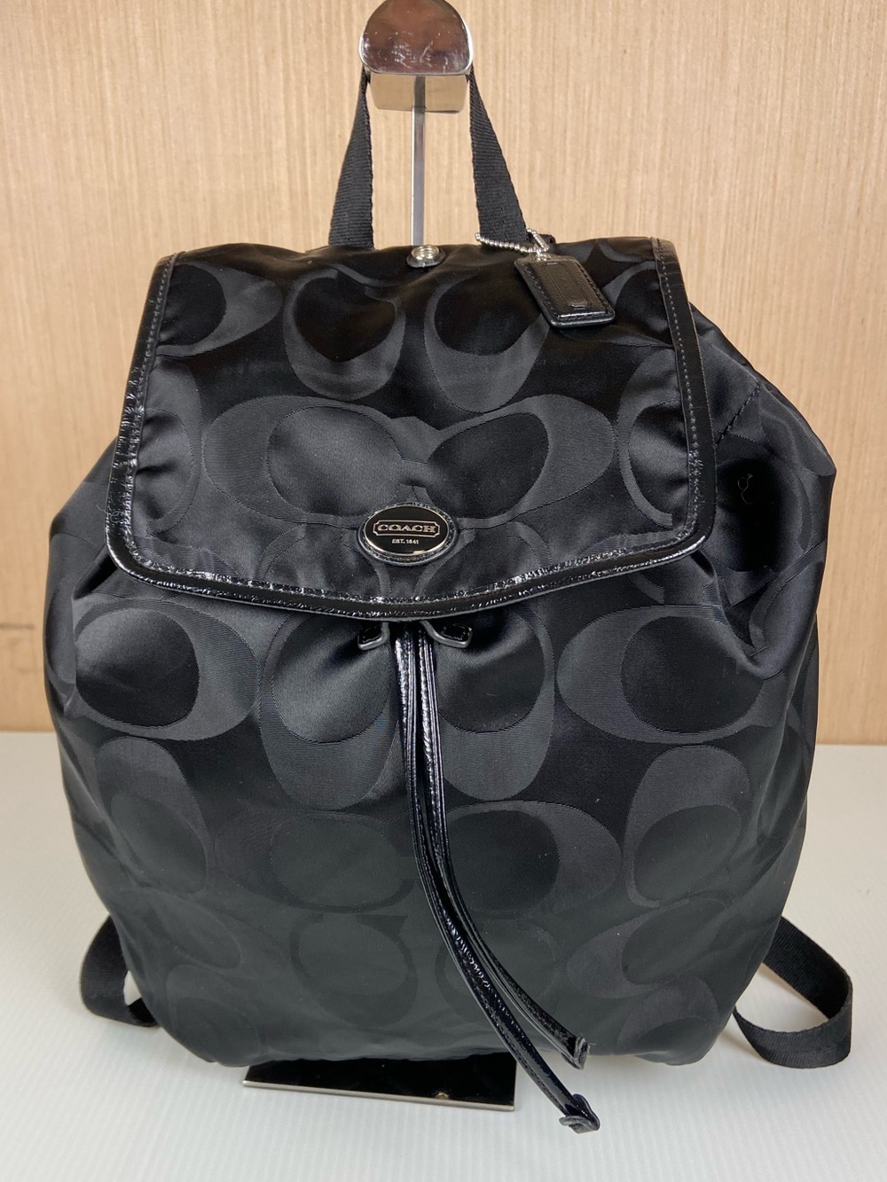 Coach Black Tonal Signature Nylon Backpack Drawstring Flap Bag F77350
